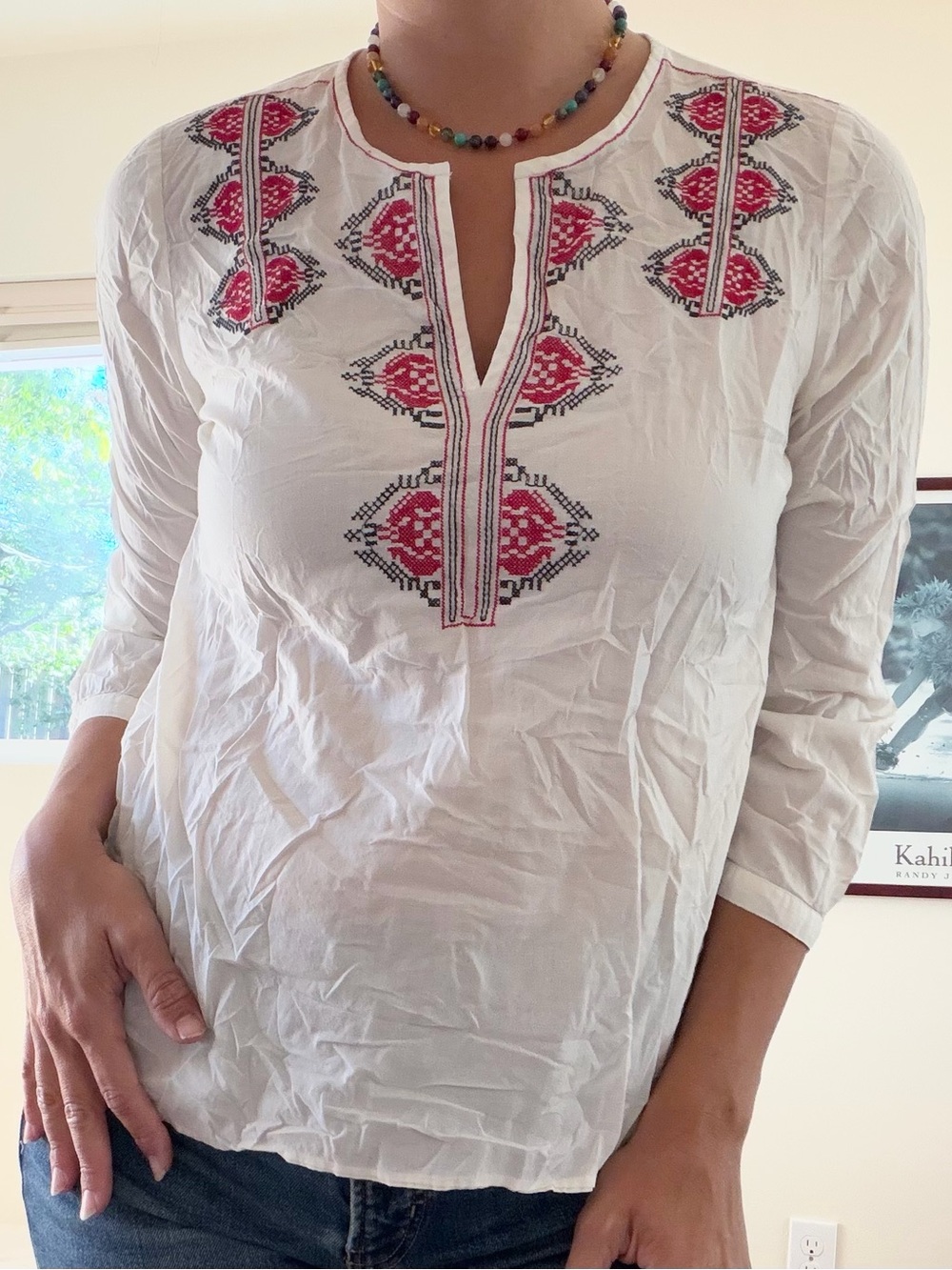 J Crew 100% Cotton White & Red Embroidered Lightweight Summer Peasant Top
